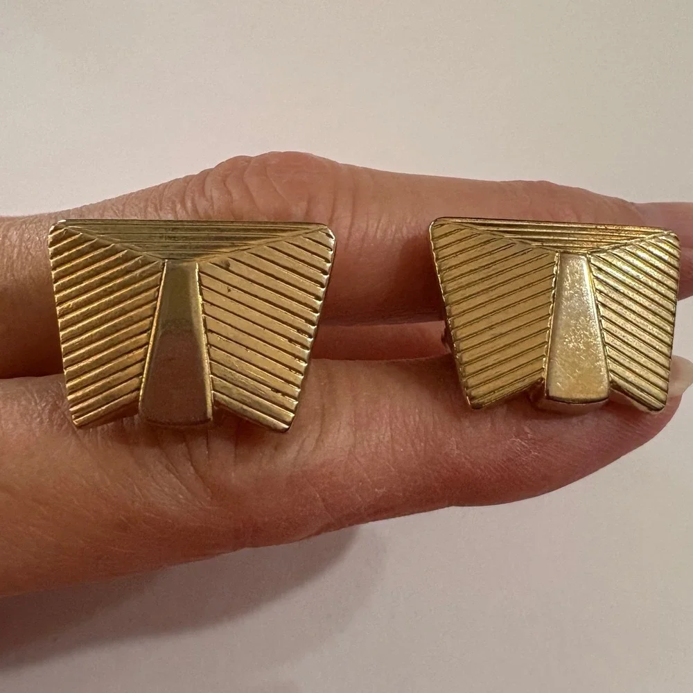 1970s Vtg Hanson‎ Gold Tone Cufflinks Textured Geometric Vintage Mens Jewelry